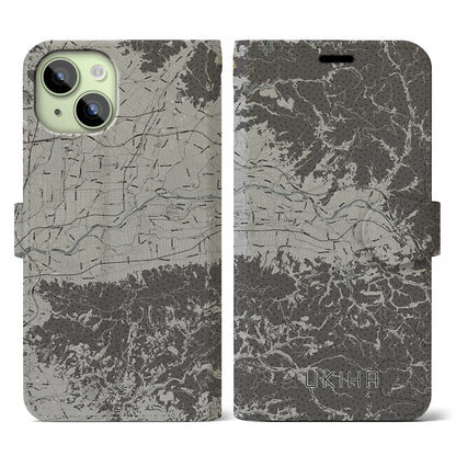 【うきは（福岡県）】地図柄iPhoneケース（手帳タイプ）モノトーン・iPhone 15 用