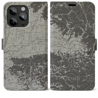 【うきは（福岡県）】地図柄iPhoneケース（手帳タイプ）モノトーン・iPhone 15 Pro Max 用