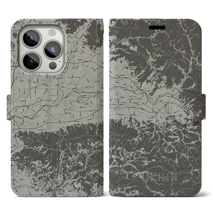 【うきは（福岡県）】地図柄iPhoneケース（手帳タイプ）モノトーン・iPhone 15 Pro 用