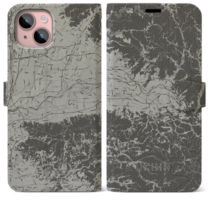 【うきは（福岡県）】地図柄iPhoneケース（手帳タイプ）モノトーン・iPhone 15 Plus 用