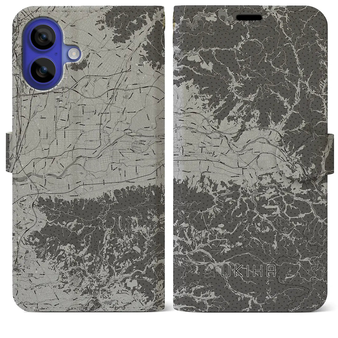 【うきは(福岡県)】地図柄iPhoneケース(手帳タイプ)モノトーン・iPhone 16 Pro Max 用