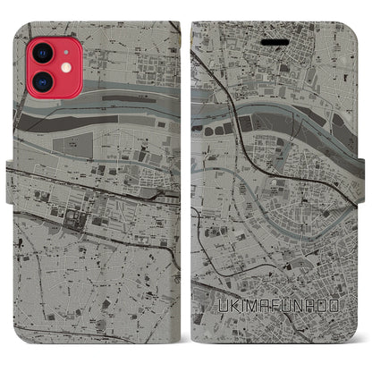 【浮間舟渡（東京都）】地図柄iPhoneケース（手帳タイプ）モノトーン・iPhone 11 用