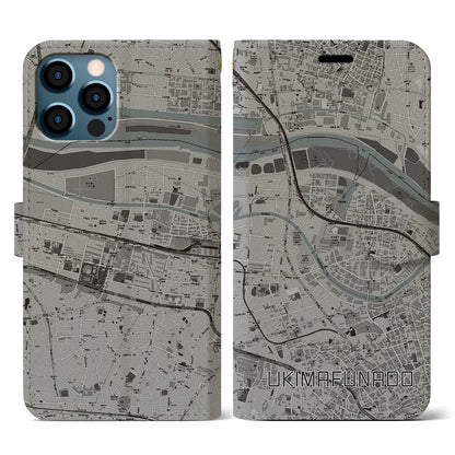 【浮間舟渡（東京都）】地図柄iPhoneケース（手帳タイプ）モノトーン・iPhone 12 / 12 Pro 用