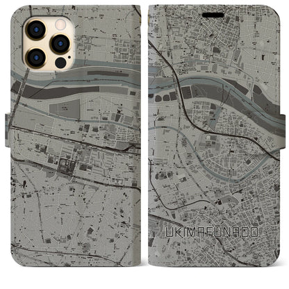 【浮間舟渡（東京都）】地図柄iPhoneケース（手帳タイプ）モノトーン・iPhone 12 Pro Max 用