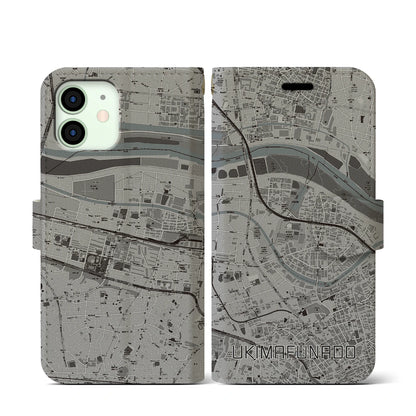 【浮間舟渡（東京都）】地図柄iPhoneケース（手帳タイプ）モノトーン・iPhone 12 mini 用