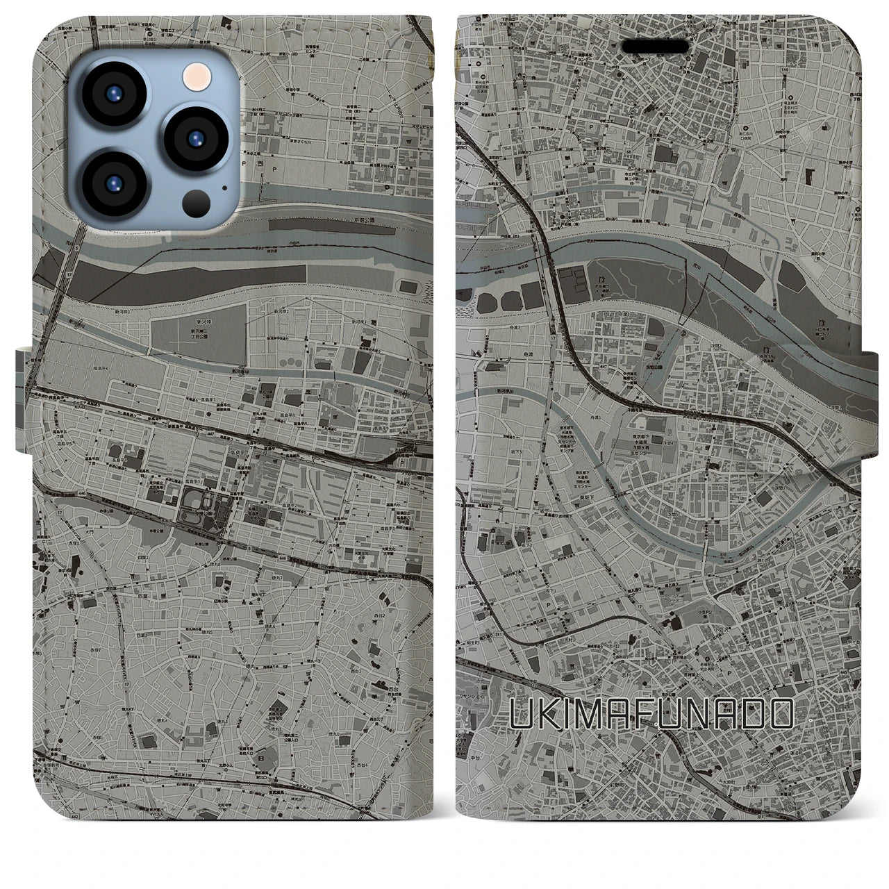 【浮間舟渡】地図柄iPhoneケース（手帳両面タイプ・モノトーン）iPhone 13 Pro Max 用