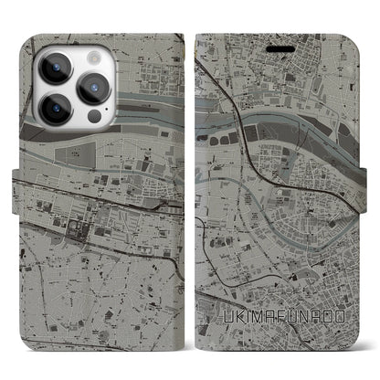 【浮間舟渡（東京都）】地図柄iPhoneケース（手帳タイプ）モノトーン・iPhone 14 Pro 用