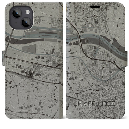 【浮間舟渡（東京都）】地図柄iPhoneケース（手帳タイプ）モノトーン・iPhone 14 Plus 用