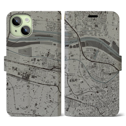 【浮間舟渡（東京都）】地図柄iPhoneケース（手帳タイプ）モノトーン・iPhone 15 用