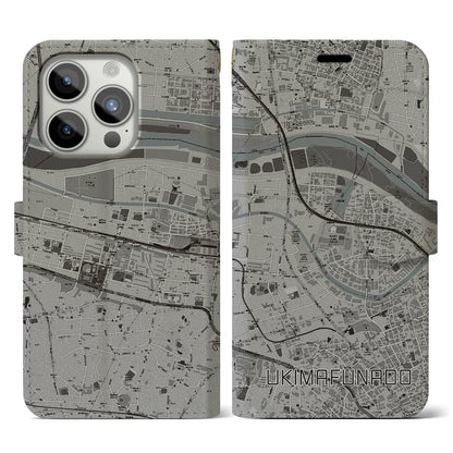 【浮間舟渡（東京都）】地図柄iPhoneケース（手帳タイプ）モノトーン・iPhone 15 Pro 用