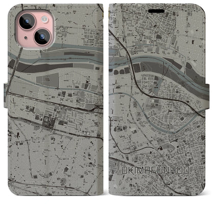 【浮間舟渡（東京都）】地図柄iPhoneケース（手帳タイプ）モノトーン・iPhone 15 Plus 用