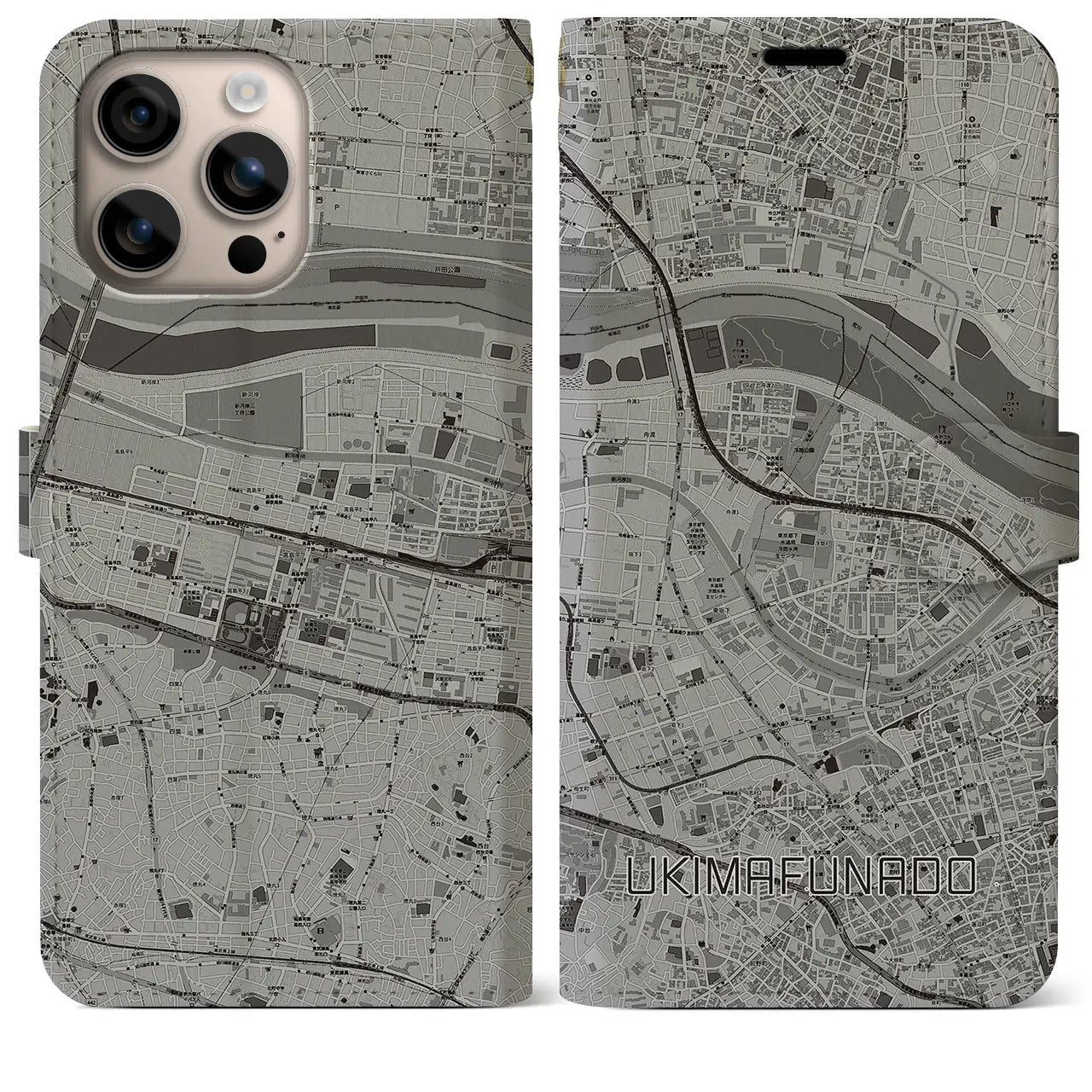 【浮間舟渡（東京都）】地図柄iPhoneケース（手帳タイプ）モノトーン・iPhone 16 Plus 用