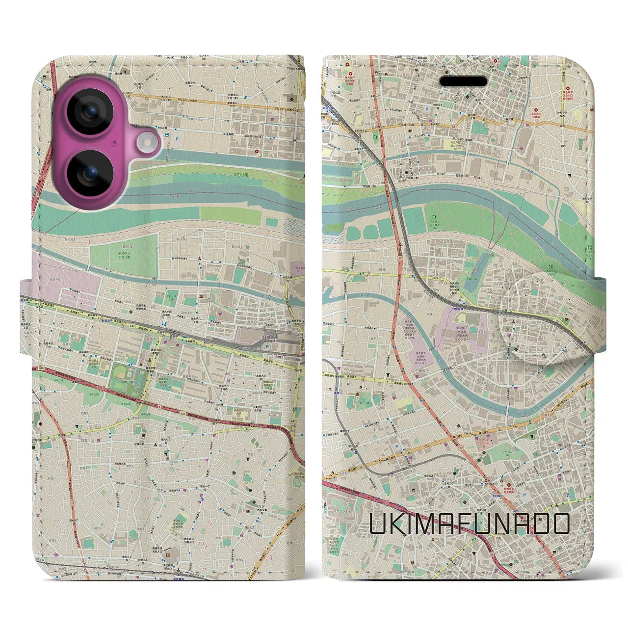 【浮間舟渡（東京都）】地図柄iPhoneケース（手帳タイプ）ナチュラル・iPhone 16 Pro 用