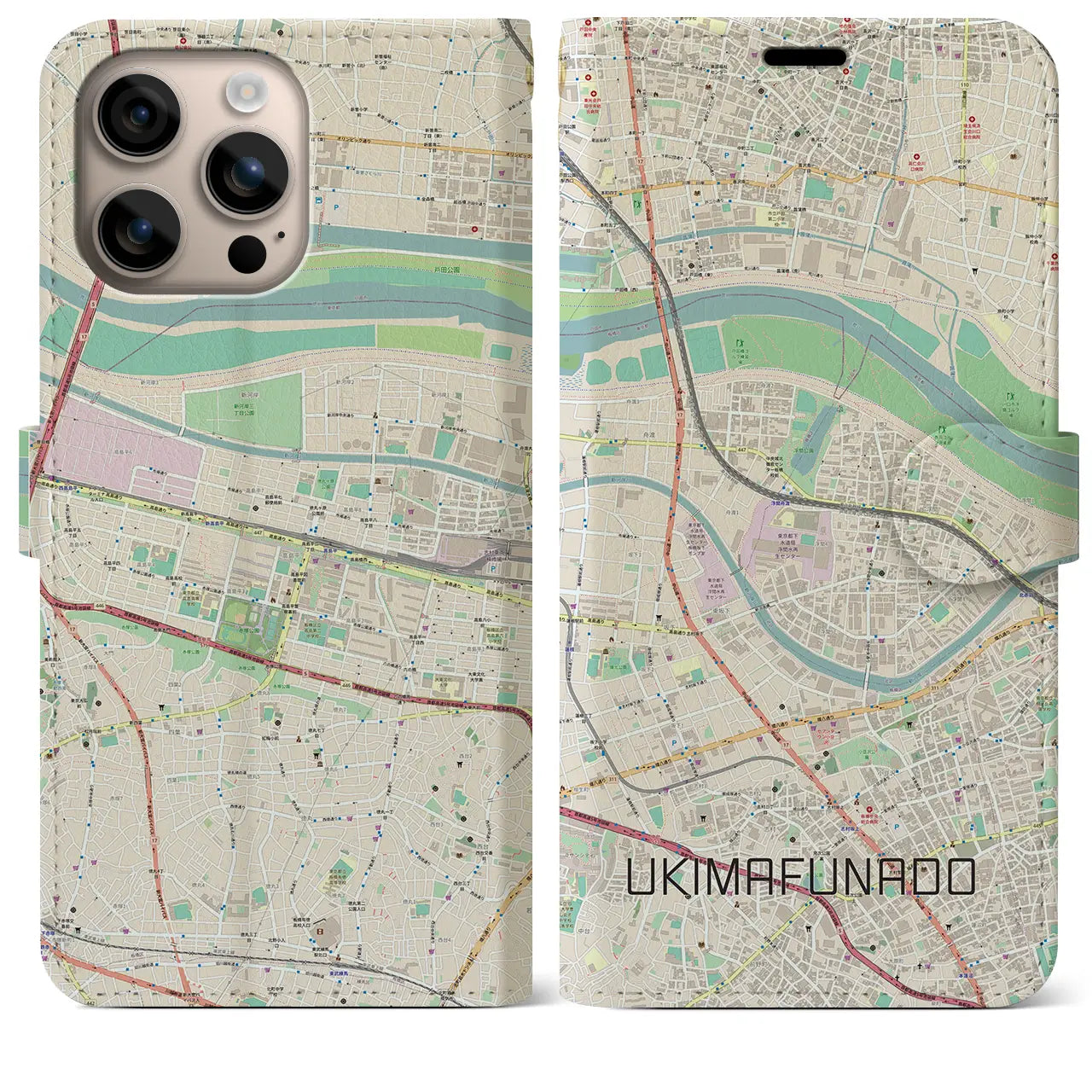 【浮間舟渡（東京都）】地図柄iPhoneケース（手帳タイプ）ナチュラル・iPhone 16 Plus 用