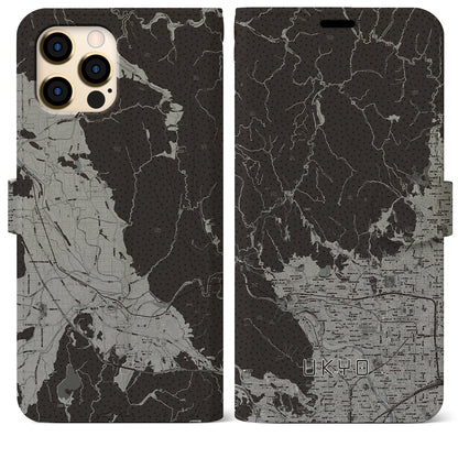 【右京（京都府）】地図柄iPhoneケース（手帳タイプ）モノトーン・iPhone 12 Pro Max 用