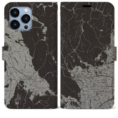 【右京（京都府）】地図柄iPhoneケース（手帳タイプ）モノトーン・iPhone 13 Pro Max 用
