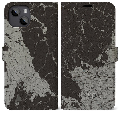 【右京（京都府）】地図柄iPhoneケース（手帳タイプ）モノトーン・iPhone 14 Plus 用