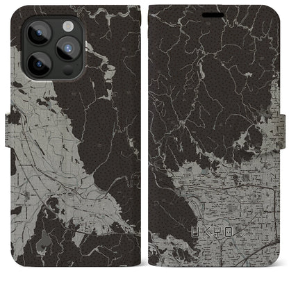 【右京（京都府）】地図柄iPhoneケース（手帳タイプ）モノトーン・iPhone 15 Pro Max 用