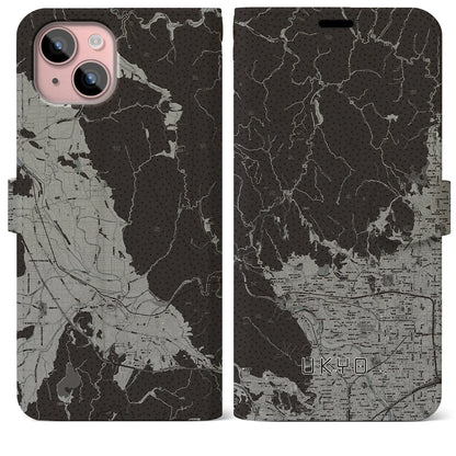 【右京（京都府）】地図柄iPhoneケース（手帳タイプ）モノトーン・iPhone 15 Plus 用