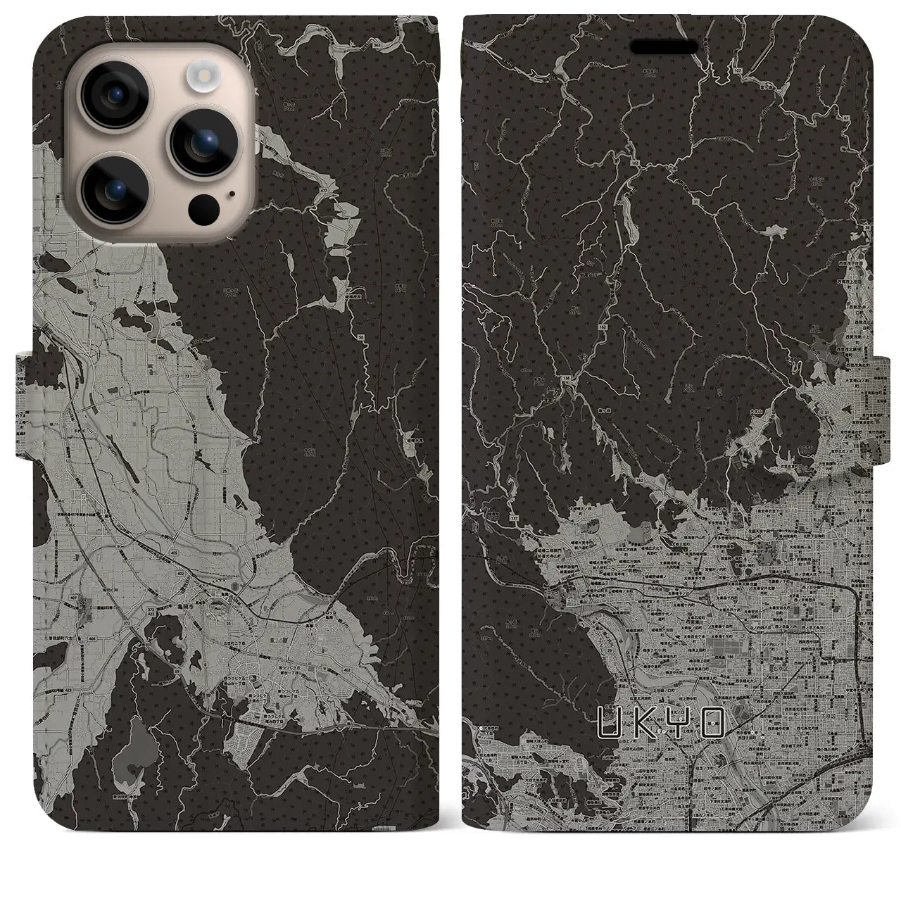 【右京（京都府）】地図柄iPhoneケース（手帳タイプ）モノトーン・iPhone 16 Plus 用