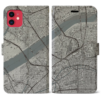 【梅田（大阪府）】地図柄iPhoneケース（手帳タイプ）モノトーン・iPhone 11 用