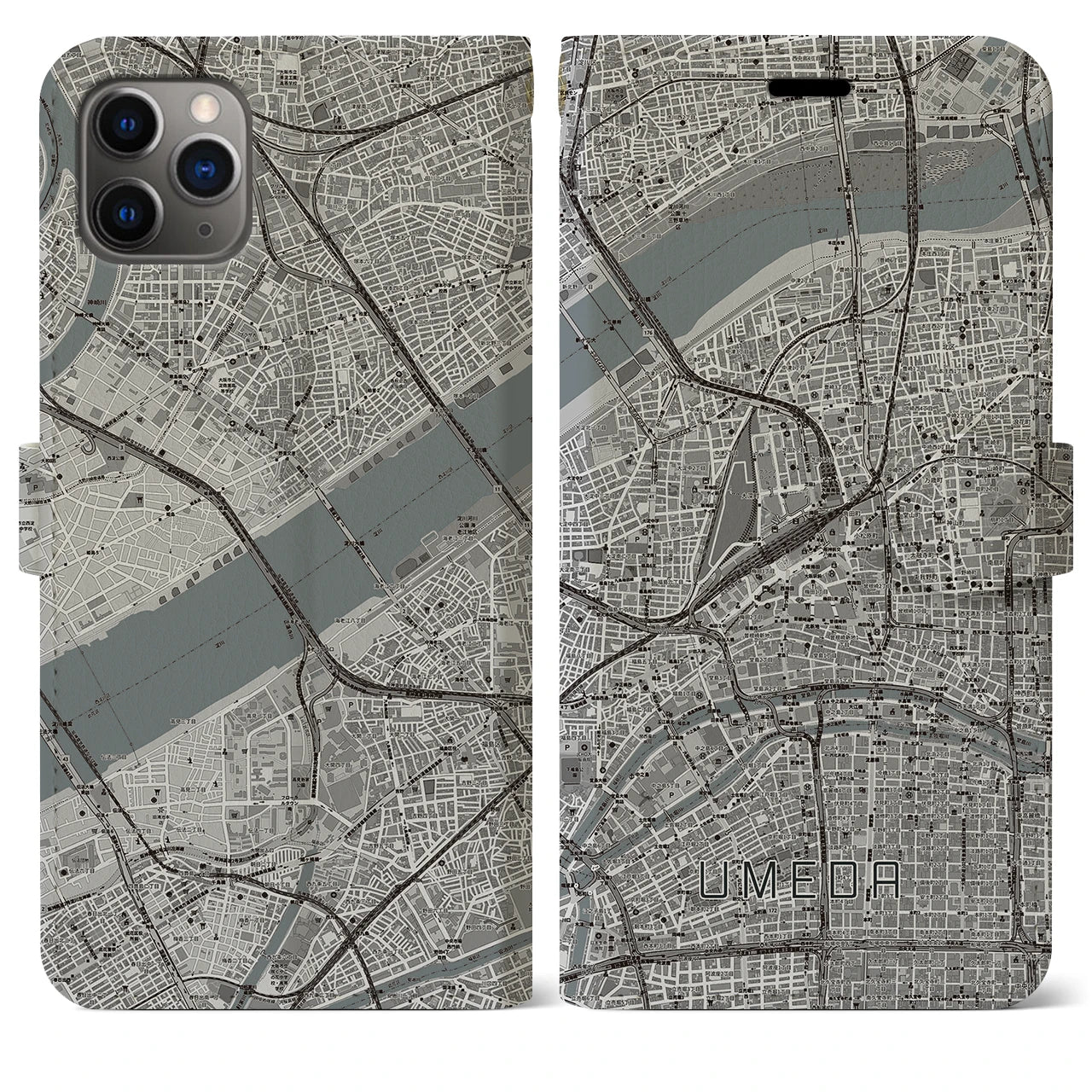 【梅田】地図柄iPhoneケース（手帳両面タイプ・モノトーン）iPhone 11 Pro Max 用