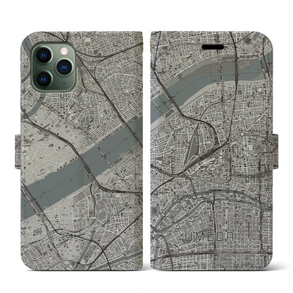 【梅田（大阪府）】地図柄iPhoneケース（手帳タイプ）モノトーン・iPhone 11 Pro 用