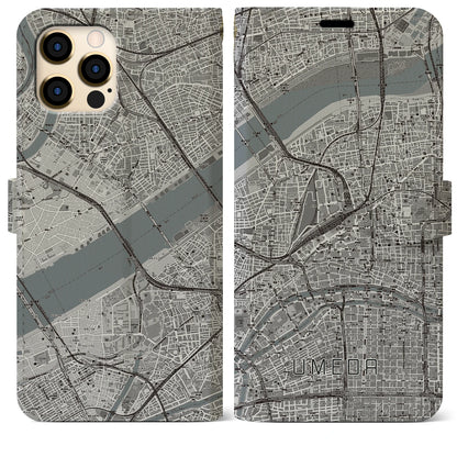 【梅田（大阪府）】地図柄iPhoneケース（手帳タイプ）モノトーン・iPhone 12 Pro Max 用