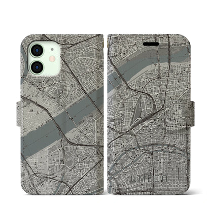 【梅田（大阪府）】地図柄iPhoneケース（手帳タイプ）モノトーン・iPhone 12 mini 用