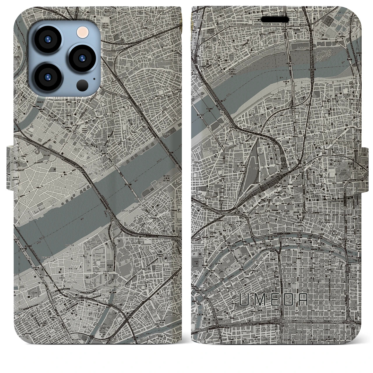 【梅田】地図柄iPhoneケース（手帳両面タイプ・モノトーン）iPhone 13 Pro Max 用