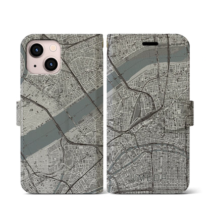 【梅田（大阪府）】地図柄iPhoneケース（手帳タイプ）モノトーン・iPhone 13 mini 用