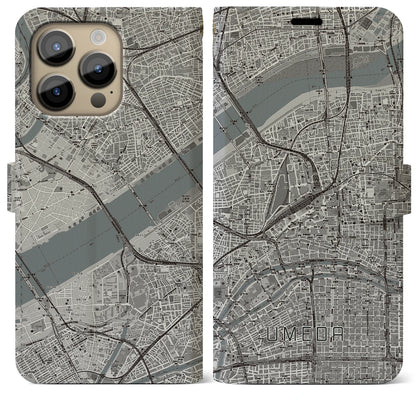 【梅田（大阪府）】地図柄iPhoneケース（手帳タイプ）モノトーン・iPhone 14 Pro Max 用
