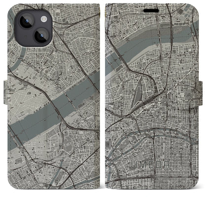 【梅田（大阪府）】地図柄iPhoneケース（手帳タイプ）モノトーン・iPhone 14 Plus 用