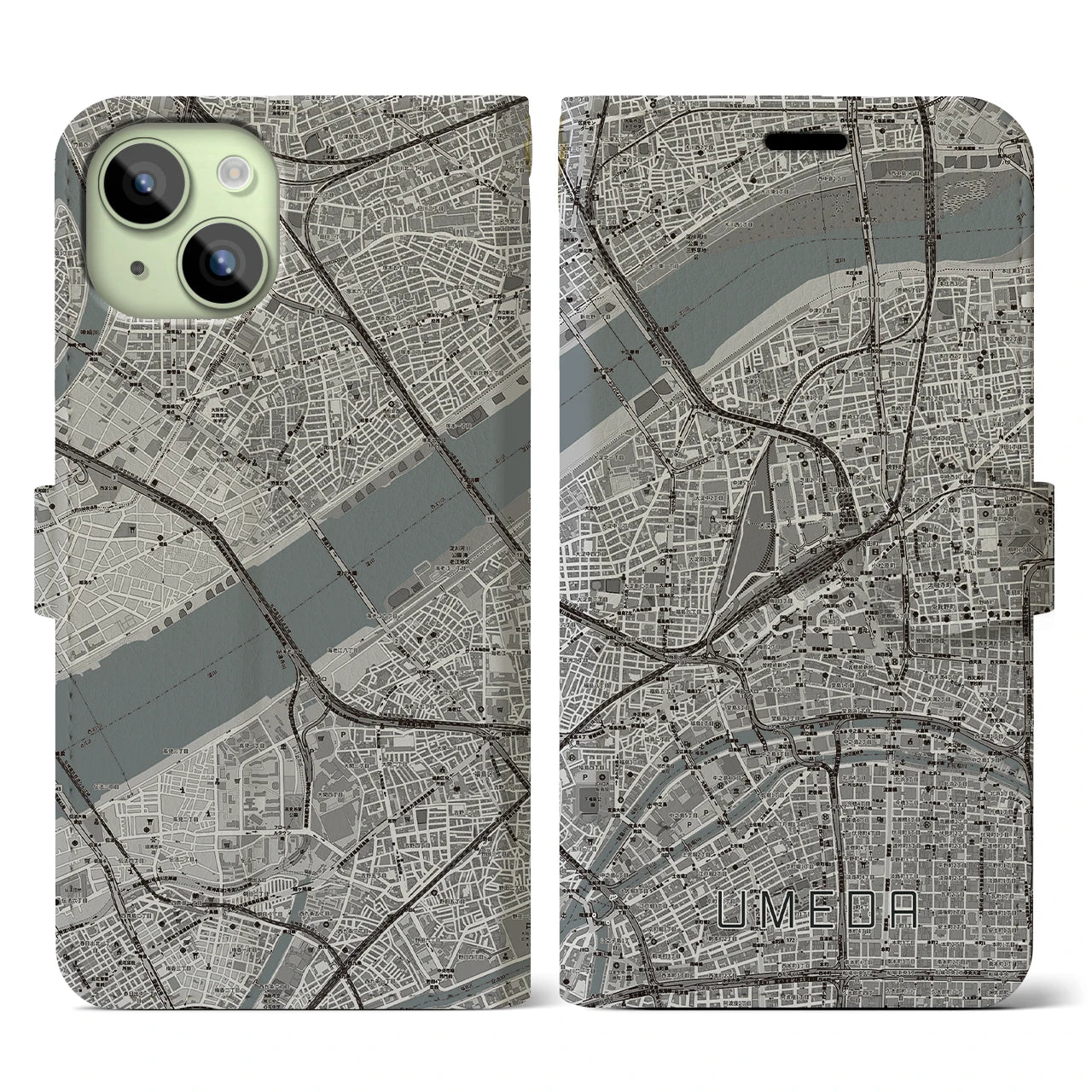 【梅田】地図柄iPhoneケース（手帳両面タイプ・モノトーン）iPhone 15 用