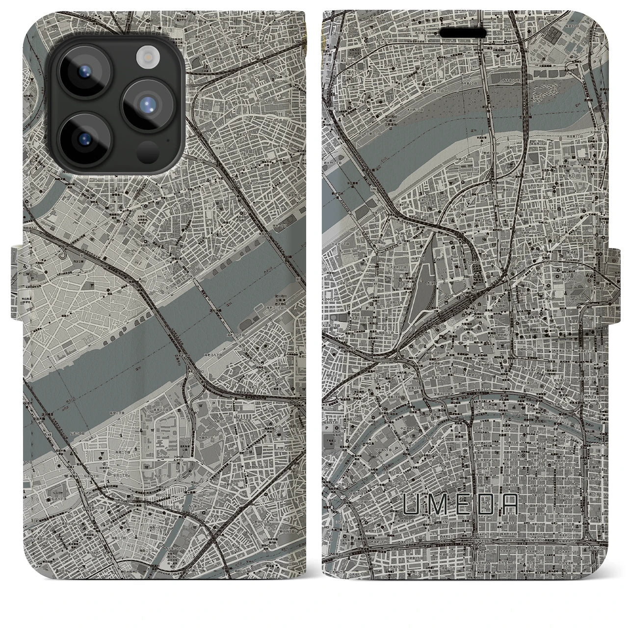 【梅田】地図柄iPhoneケース（手帳両面タイプ・モノトーン）iPhone 15 Pro Max 用