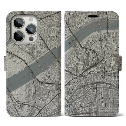 【梅田（大阪府）】地図柄iPhoneケース（手帳タイプ）モノトーン・iPhone 15 Pro 用
