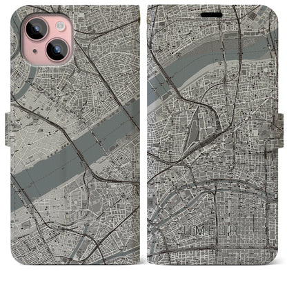 【梅田（大阪府）】地図柄iPhoneケース（手帳タイプ）モノトーン・iPhone 15 Plus 用
