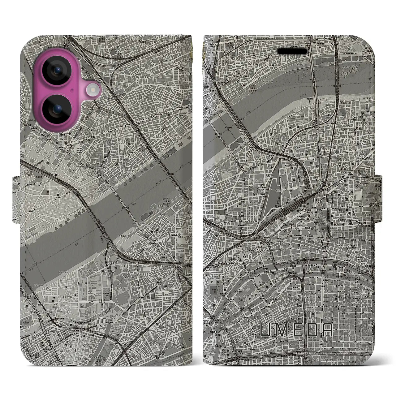 【梅田（大阪府）】地図柄iPhoneケース（手帳タイプ）モノトーン・iPhone 16 Pro 用