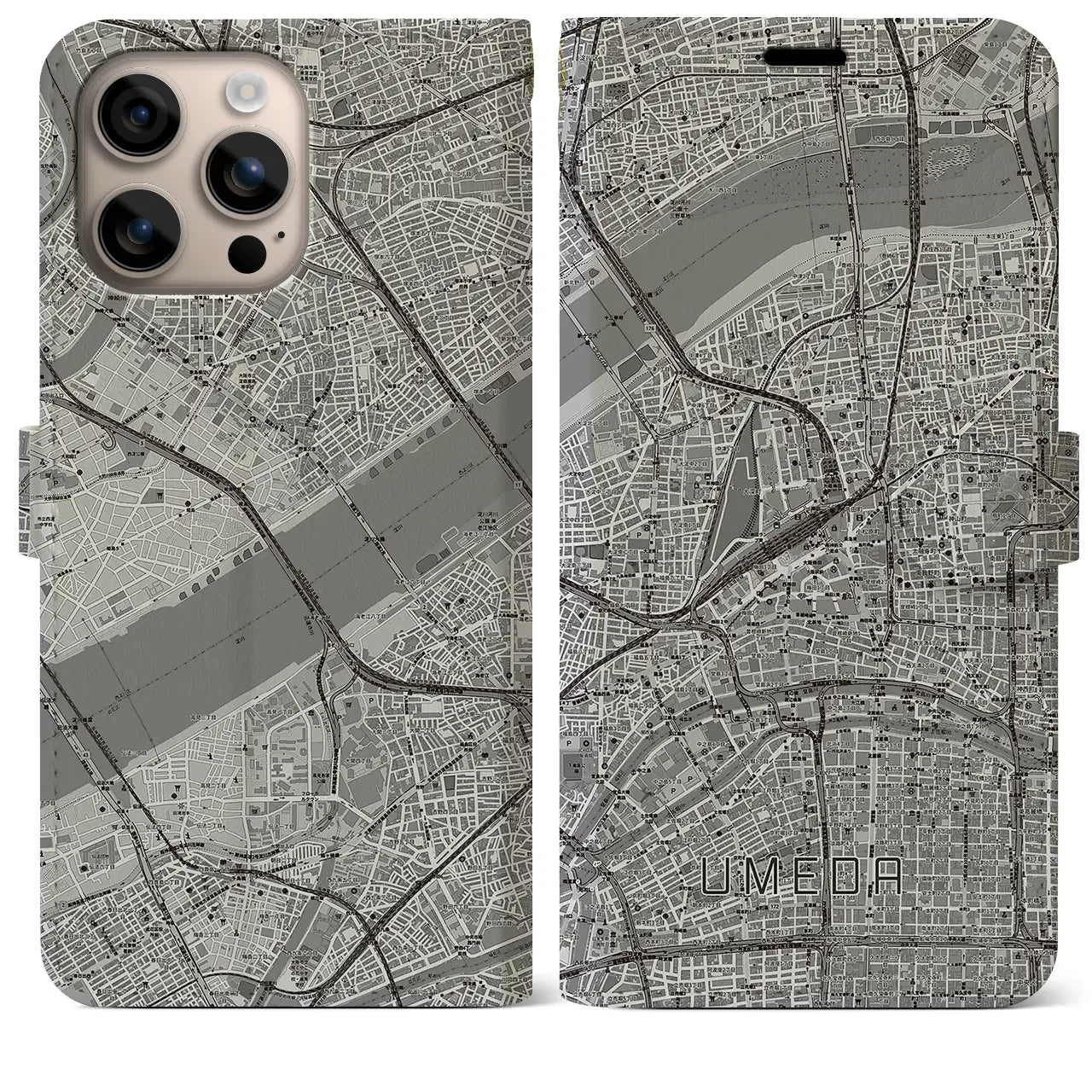 【梅田（大阪府）】地図柄iPhoneケース（手帳タイプ）モノトーン・iPhone 16 Plus 用