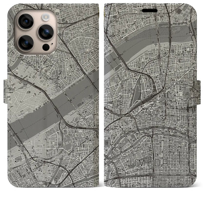 【梅田（大阪府）】地図柄iPhoneケース（手帳タイプ）モノトーン・iPhone 16 Plus 用
