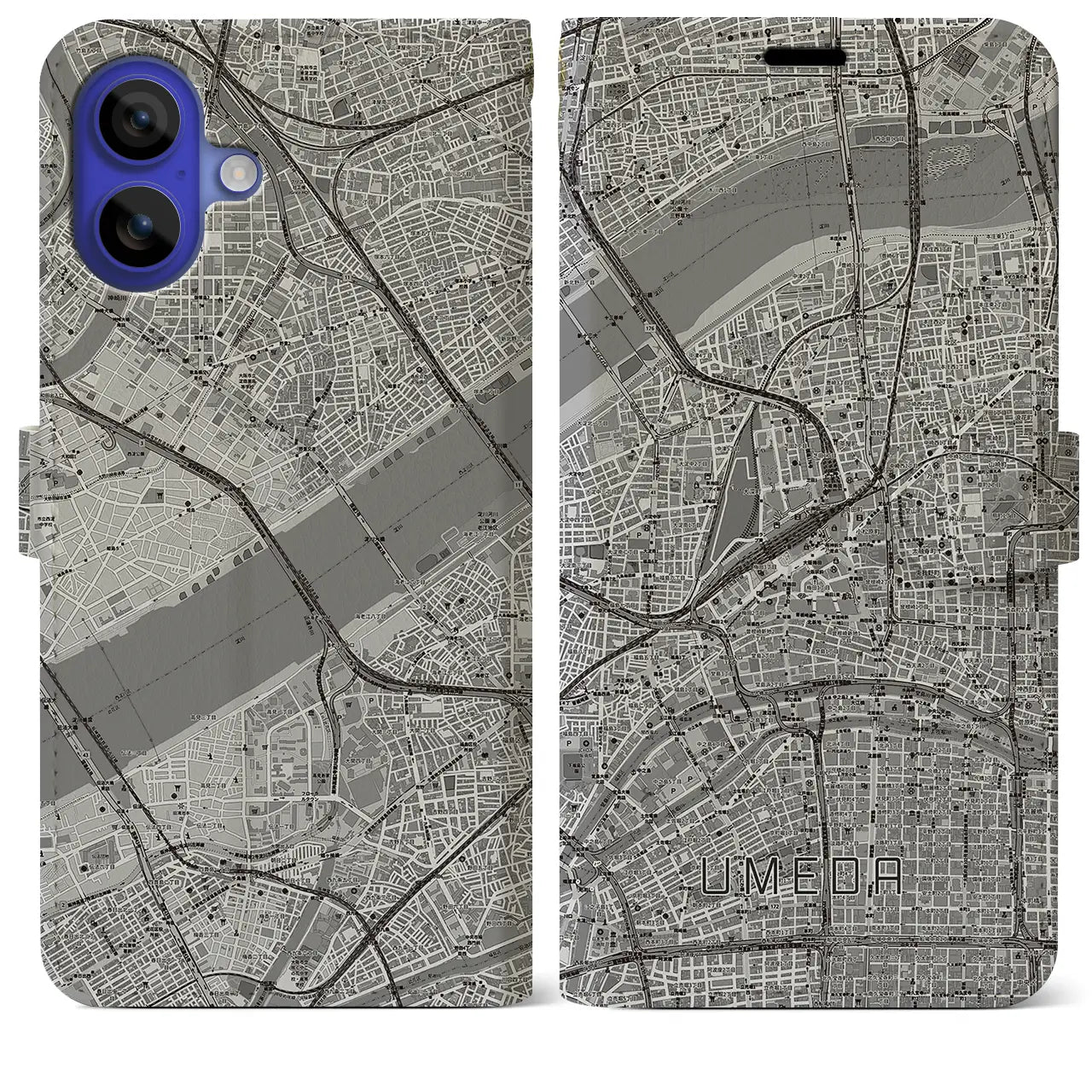 【梅田（大阪府）】地図柄iPhoneケース（手帳タイプ）モノトーン・iPhone 16 Pro Max 用