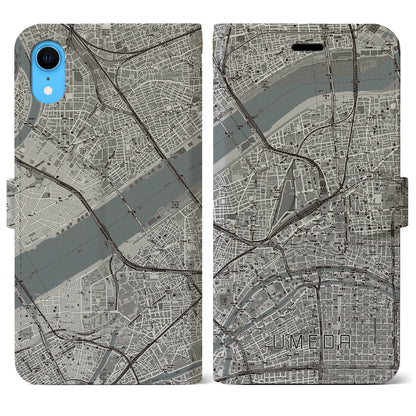 【梅田（大阪府）】地図柄iPhoneケース（手帳タイプ）モノトーン・iPhone XR 用