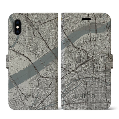 【梅田（大阪府）】地図柄iPhoneケース（手帳タイプ）モノトーン・iPhone XS / X 用