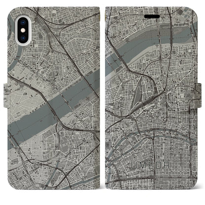 【梅田（大阪府）】地図柄iPhoneケース（手帳タイプ）モノトーン・iPhone XS Max 用
