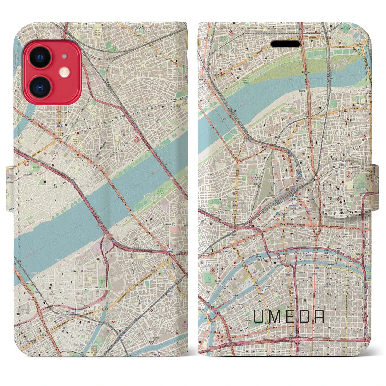 【梅田】地図柄iPhoneケース（手帳両面タイプ・ナチュラル）iPhone 11 用