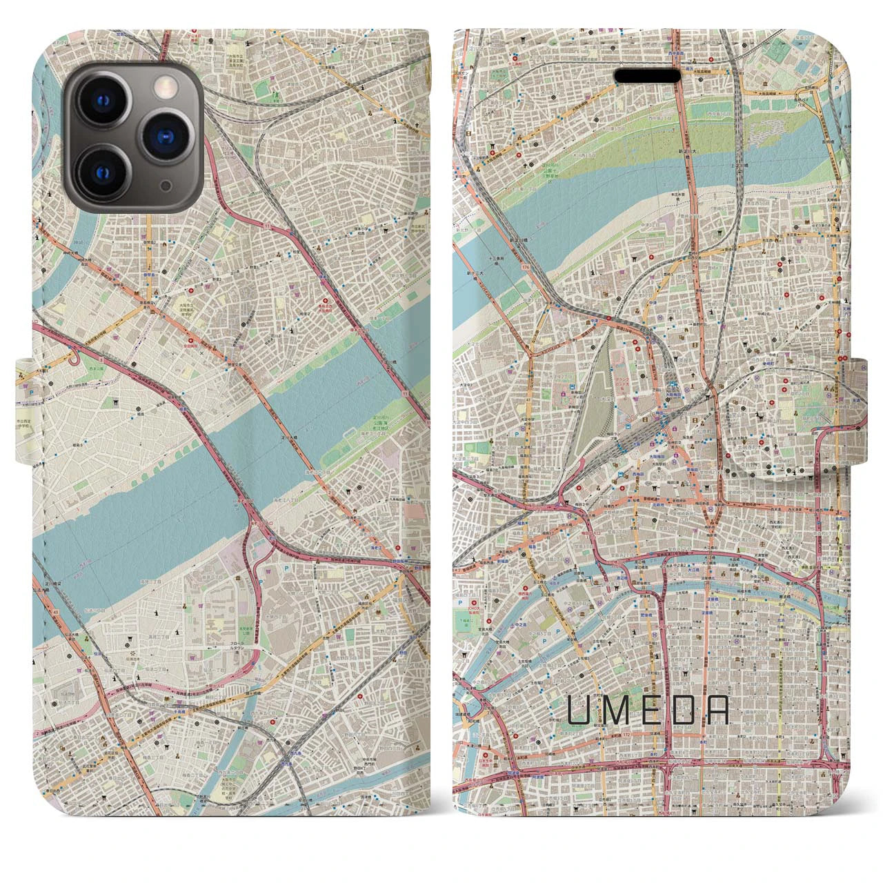 【梅田】地図柄iPhoneケース（手帳両面タイプ・ナチュラル）iPhone 11 Pro Max 用