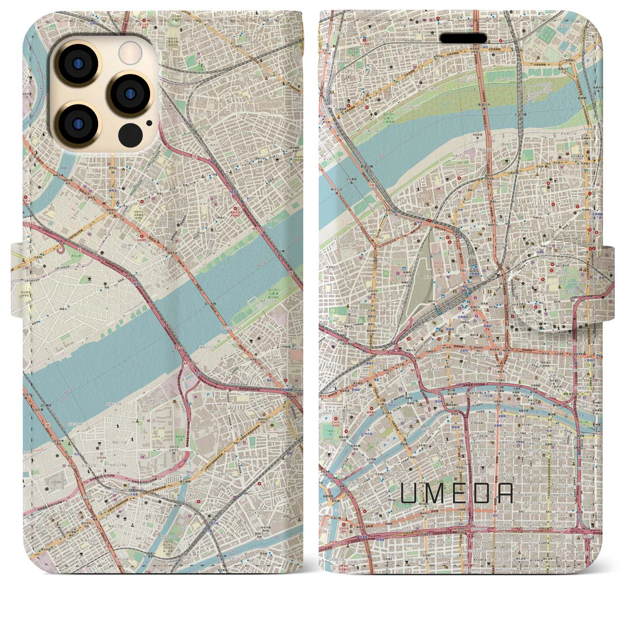 【梅田】地図柄iPhoneケース（手帳両面タイプ・ナチュラル）iPhone 12 Pro Max 用