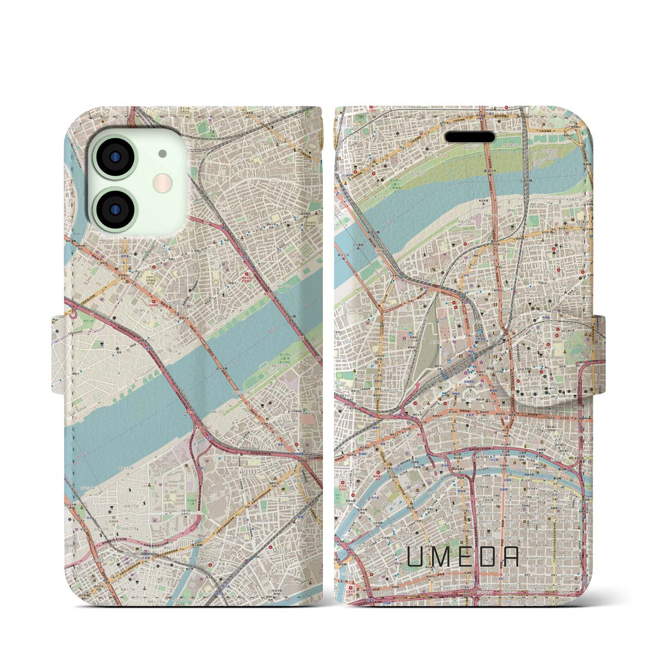 【梅田】地図柄iPhoneケース（手帳両面タイプ・ナチュラル）iPhone 12 mini 用