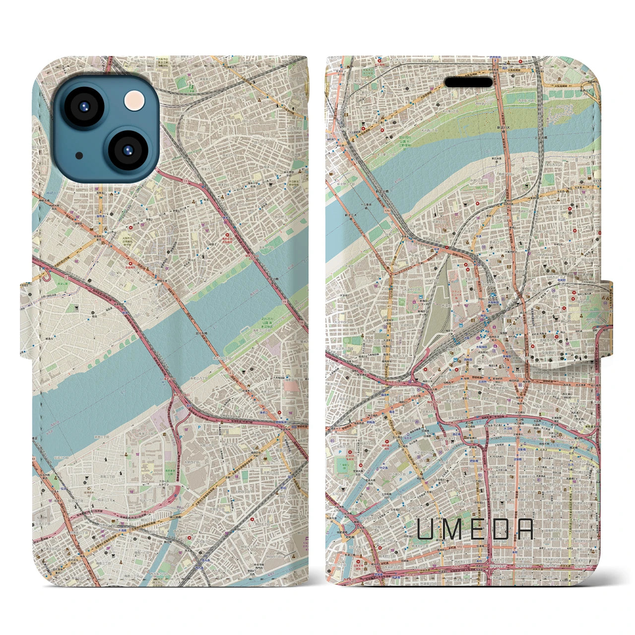 【梅田】地図柄iPhoneケース（手帳両面タイプ・ナチュラル）iPhone 13 用