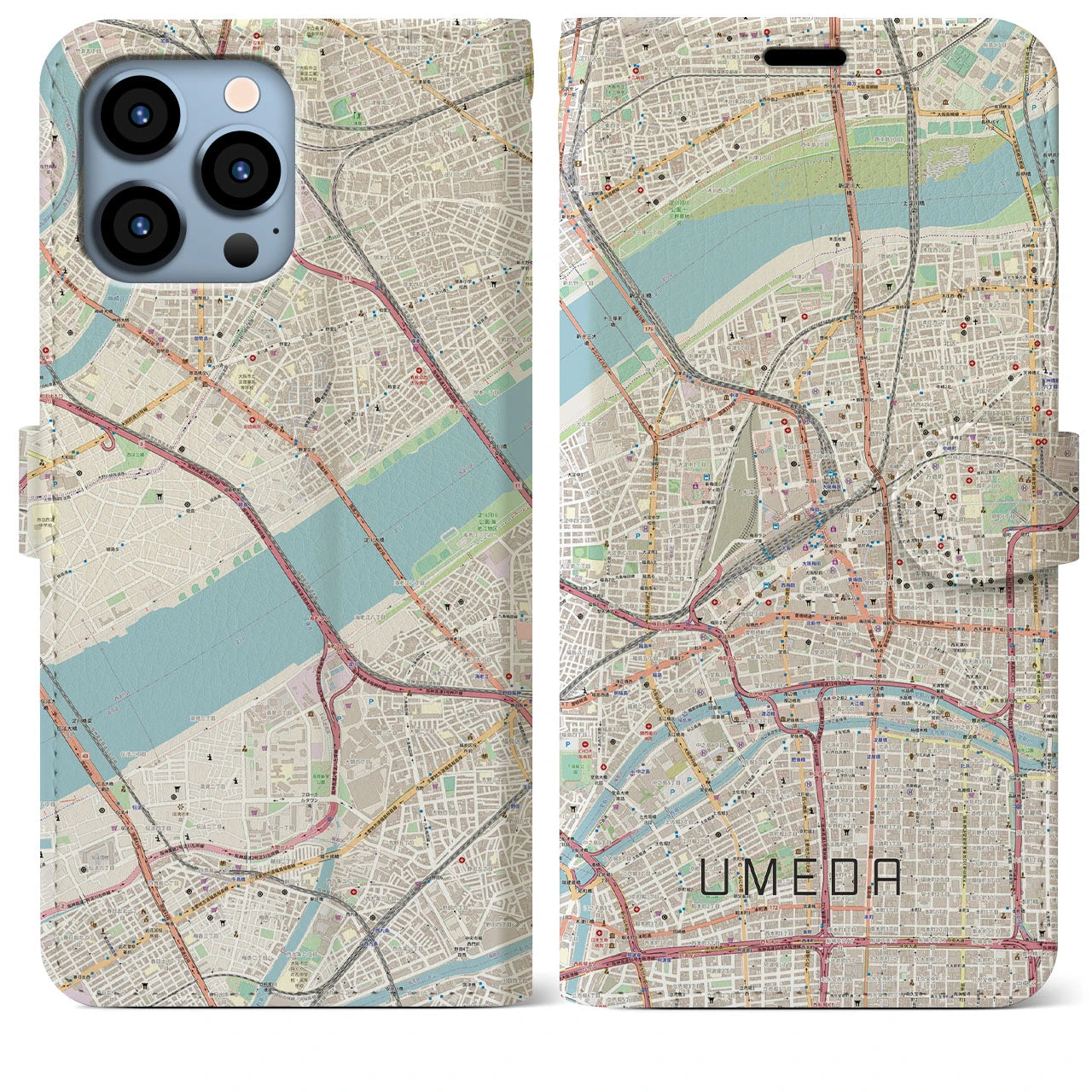 【梅田】地図柄iPhoneケース（手帳両面タイプ・ナチュラル）iPhone 13 Pro Max 用